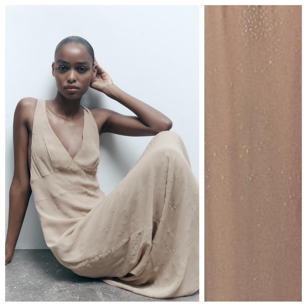 NWT. Zara Beige Viscose Slim Midi Dress with Clear Beads. Size XS.